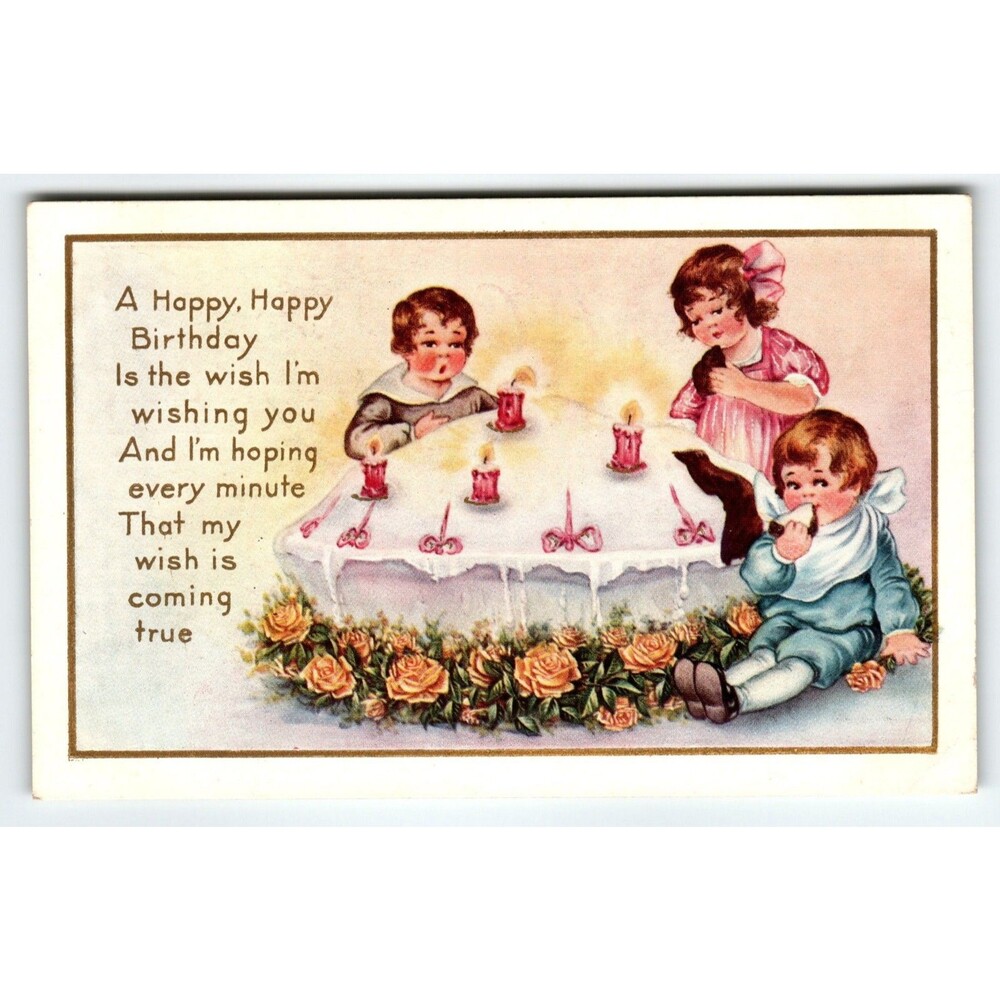 Vintage Postcard Happy Giant Birthday Cake Children Rose Garland 1919 Whitney